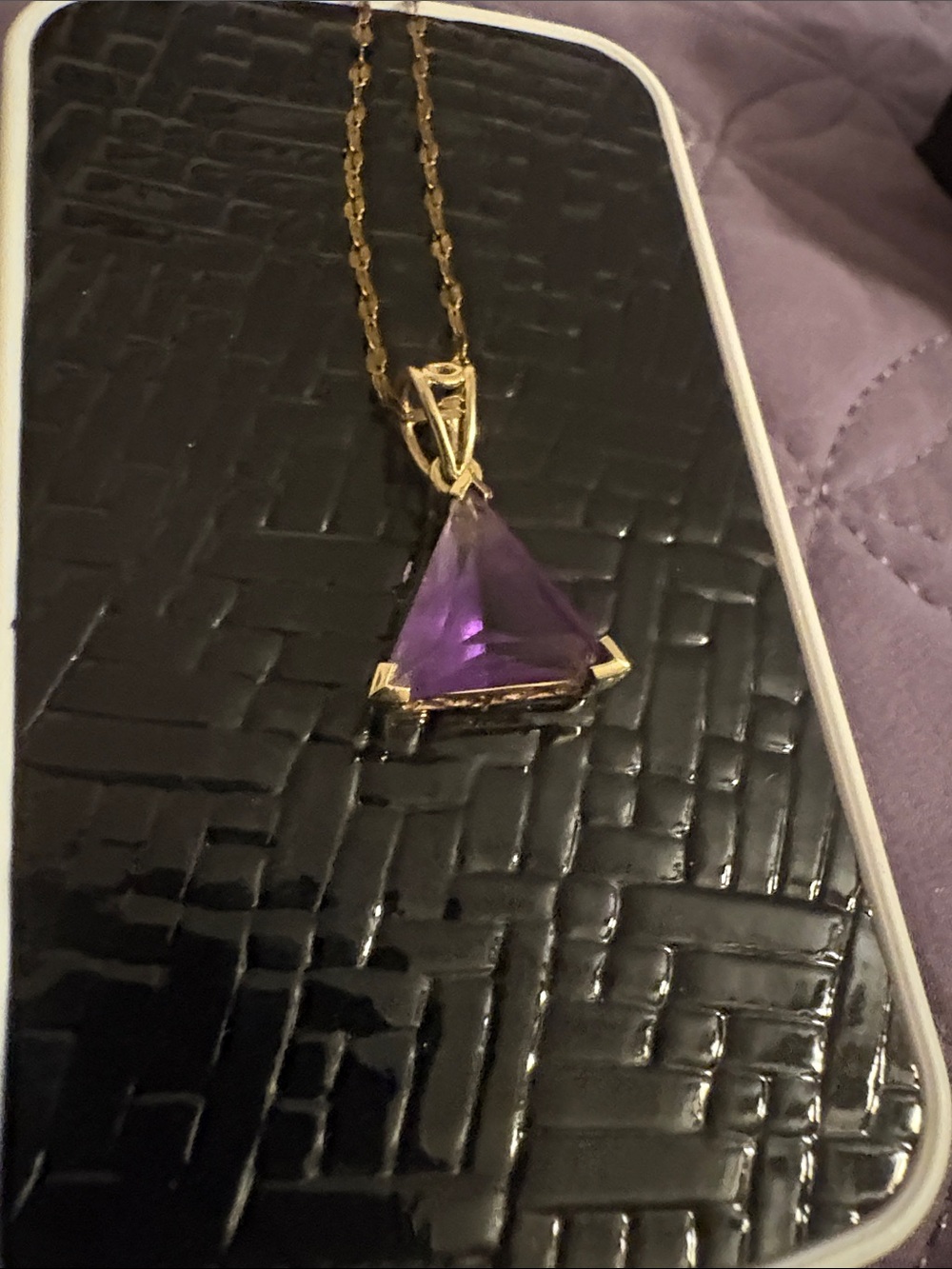 Gold Pendant Necklace with Purple Triangle Gem - Women’s Jewelry